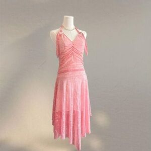 Fairycore Pink Sparkly Asymmetrical Halter Dress